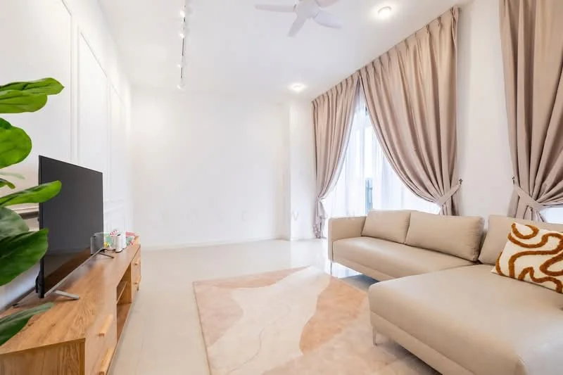 Living features: beige fabric sofa, area rug with abstract pattern, wooden TV console, wall-mounted TV, floor-to-ceiling windows, sheer curtains, recessed downlights, ceiling fan, light-colored walls, light-colored flooring, decorative throw pillow; style: modern.