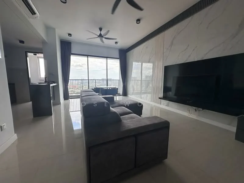 Living features: grey fabric sectional sofa, large wall-mounted TV, marble accent wall, floor-to-ceiling windows, sliding glass door, recessed downlights, ceiling fan, light-coloured tiled flooring, open layout, city view, decorative wall paneling; style: modern; view: city.