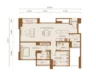 Floor plan: 3-bedroom 2-bathroom unit; features: open-plan kitchen-dining-living, master bedroom with ensuite bathroom, bedroom 2 with shared bathroom, utility room, balcony off living room, central foyer, 2 car porch, 1,250 sqft built-up.