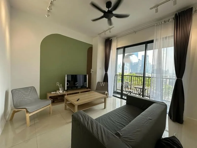 Living features: grey fabric sofa, wood coffee table, light grey armchair, floor-to-ceiling windows, blackout curtains, sheer curtains, recessed downlights, 5-blade ceiling fan, green accent wall, TV console, wall-mounted TV, decorative plants, area rug; style: modern; view: city.
