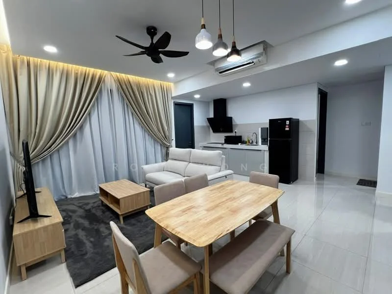 Living features: 3-seater fabric sofa in white, wooden coffee table, area rug with geometric pattern, wall-mounted TV, TV console, 5-blade ceiling fan with light, recessed LED downlights, curtains with sheer and blackout options, wall-mounted air conditioning unit, dining table with 4 chairs, light-colored tiled flooring, decorative wall paneling; style: modern. Dining features: dining table with 4 chairs, light-colored wooden table, light-colored tiled flooring; style: modern.