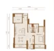 Floor plan: 1-bedroom 1-bathroom unit; features: open-plan kitchen-dining-living, master bedroom with ensuite bathroom, balcony off living room, utility room, central foyer.