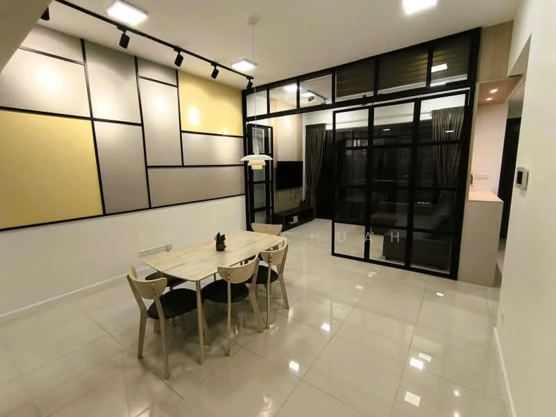 Dining features: dining table with four chairs, white walls, grey accent wall with geometric pattern, recessed downlights, large glass sliding door, floor-to-ceiling windows, curtains, polished tile flooring, decorative plant on table, TV console visible in background; style: modern.