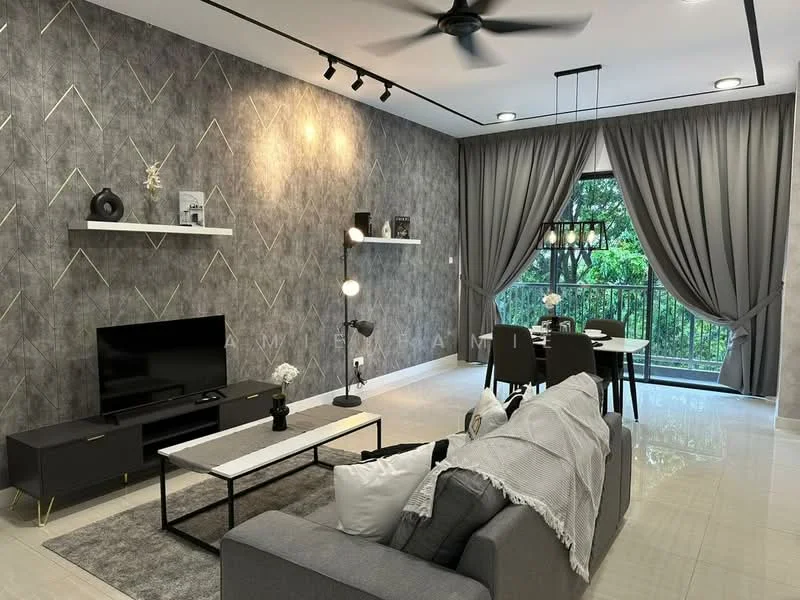 Living features: grey accent wall with geometric pattern, white painted walls, polished tile flooring, 5-blade ceiling fan with light, sofa in light grey fabric, coffee table with black top and white legs, TV console in black with storage, wall-mounted TV, decorative floor lamp, shelf with decorative items, large window with sheer curtains, dining area with 4 upholstered chairs, dining table in black; style: modern; view: garden.