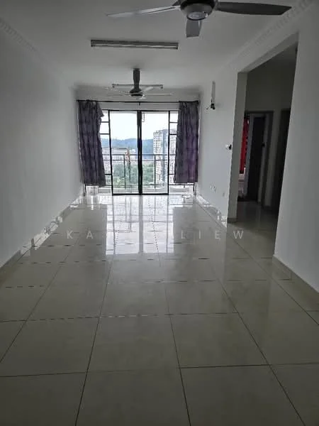 Living features: white painted walls, glossy ceramic tile flooring, floor-to-ceiling windows, sliding glass door, sheer curtains, 2-blade ceiling fan, mountain view, recessed downlights; style: modern; view: mountain.