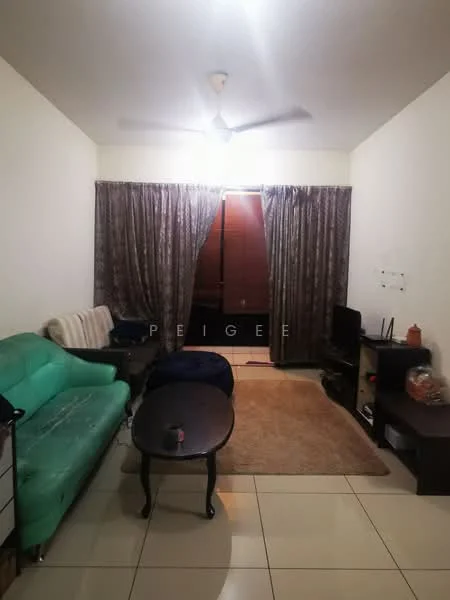 Living features: green leather sofa, beige fabric sofa, wooden coffee table, TV console, wall-mounted TV, area rug, ceiling fan, curtains, tiled flooring, light-colored walls.