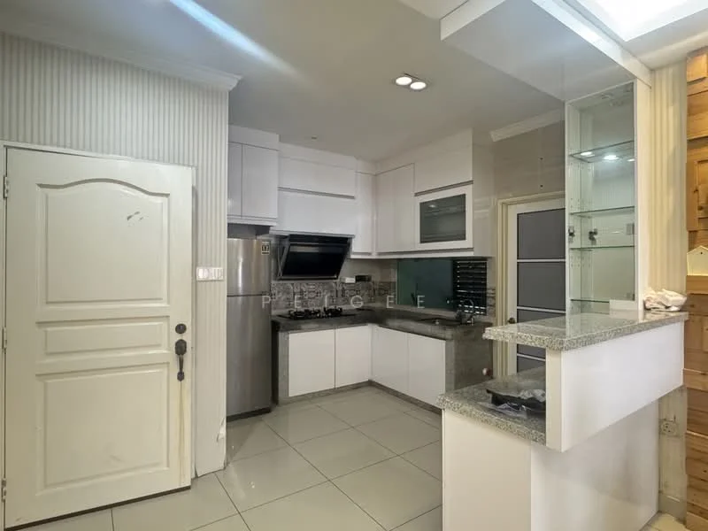 Kitchen features: white shaker cabinets, granite countertop, stainless-steel sink, chrome pull-down faucet, built-in oven, 4-burner gas hob, stainless-steel side-by-side fridge, ceramic tile flooring, recessed downlights, wall-mounted kitchen hood, glass-front upper cabinets, open shelving, tile backsplash, sliding door, window with sheer curtains; style: modern.