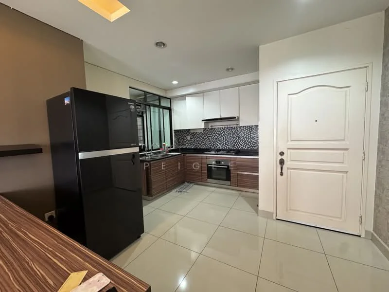 Kitchen features: black stainless-steel fridge, built-in oven, 4-burner gas hob, stainless-steel range hood, black and white mosaic tile backsplash, laminate cabinetry in dark wood, white upper cabinets, single-bowl stainless-steel sink, chrome pull-down faucet, grey tiled flooring, recessed downlights, window with black frame, countertop with dark wood finish; style: modern.