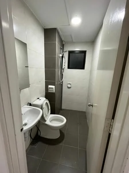 Bathroom features: white tiled walls, grey tiled flooring, one-piece toilet, wall-mounted basin, mirror above basin, shower with glass partition, chrome shower head, small window, ceiling light; style: modern.