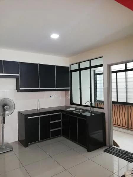 Kitchen features: black cabinetry, white countertop, single-bowl stainless-steel sink, chrome pull-down faucet, ceramic tile flooring, floor-to-ceiling windows, wall-mounted fan, open layout to balcony, white tiled backsplash, glass window with black frame; style: modern.