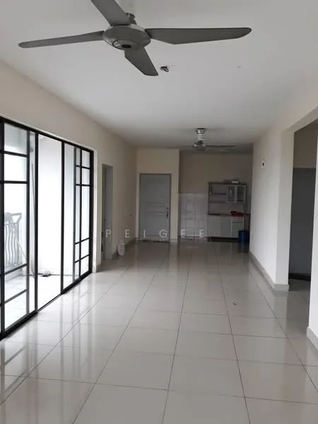 Room features: white painted walls, glossy ceramic tile flooring, 5-blade ceiling fan, floor-to-ceiling windows, sliding glass door, open layout, neutral color scheme, kitchen area visible in the background; style: modern.