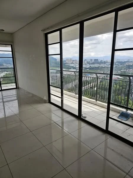 Room features: floor-to-ceiling windows, sliding glass door, white painted walls, polished tile flooring, city skyline view, balcony access; style: modern; view: city.