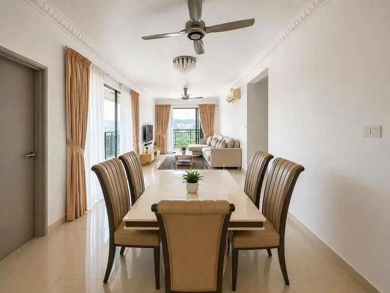 Dining features: 6-seater dining table with cream-colored top, upholstered dining chairs, pendant light fixture, floor-to-ceiling windows, curtains in beige, marble tile flooring, decorative plant on table, wall-mounted air conditioning unit; style: modern; view: city. Living features: 3-seater fabric sofa in light grey, coffee table, wall-mounted TV, area rug, ceiling fan with light, curtains in beige; style: modern; view: city.