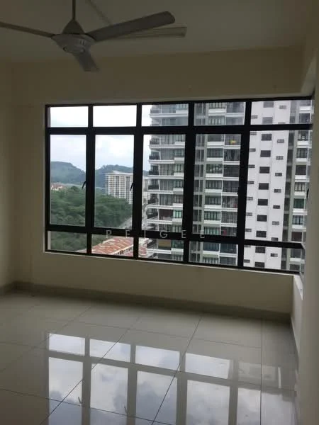 Room features: large floor-to-ceiling windows, white painted walls, glossy ceramic tile flooring, ceiling fan, mountain view, city skyline view; style: modern; view: city.