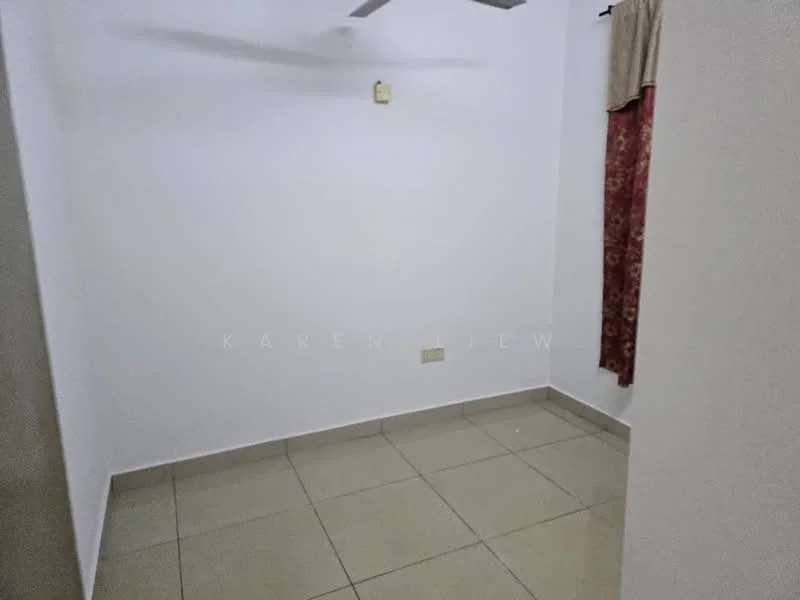 Room features: white painted walls, cream tiled flooring, ceiling fan, window with sheer curtains, corner light fixture.
