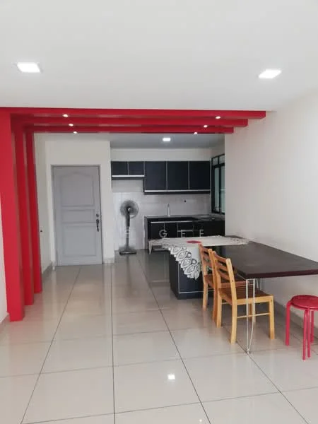 Living features: red exposed beams, white painted walls, glossy ceramic tile flooring, dining table with chairs, black kitchen cabinets, stainless-steel appliances, kitchen island, floor-to-ceiling windows, ceiling lights, standing fan; style: modern.