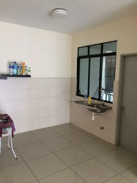 Kitchen features: white painted walls, glossy ceramic tile flooring, single-bowl stainless-steel sink, chrome faucet, window with black frames, shelf with plastic bottles, table with tablecloth, door, light fixture on ceiling.