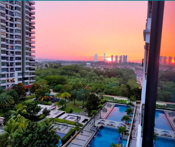 Exterior type: high-rise condominium; features: multiple swimming pools, landscaped gardens, children's playground, manicured lawns, palm trees, city skyline view, sunset view, outdoor seating areas; style: modern.