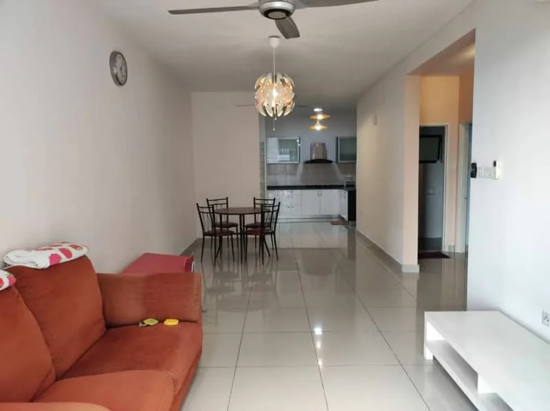 Living features: orange fabric sofa, coffee table, ceiling fan with light, wall clock, white tiled flooring, recessed downlights, decorative pendant light, open layout to dining area, large windows, neutral painted walls; style: modern. Dining features: 4-seater dining table, metal dining chairs, white tiled flooring, neutral painted walls, open layout to living area, kitchen visible in background; style: modern. Kitchen features: kitchen cabinetry, stainless-steel range hood, built-in oven, ceramic tile backsplash, white tiled flooring, neutral painted walls; style: modern.