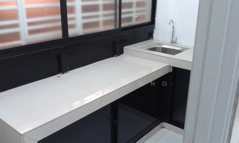 Kitchen features: single-bowl stainless-steel sink, chrome faucet, white laminate countertop, black cabinetry, glass window panels, white tiled flooring, open shelving, built-in cabinets; style: modern.