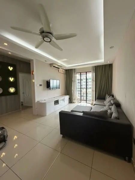 Living features: L-shape sectional sofa in black, coffee table, wall-mounted TV, TV console with storage, floor-to-ceiling windows, curtains in light green, recessed LED downlights, 5-blade ceiling fan with light, cream painted walls, glossy tile flooring, decorative wall with lighting features; style: modern; view: city.