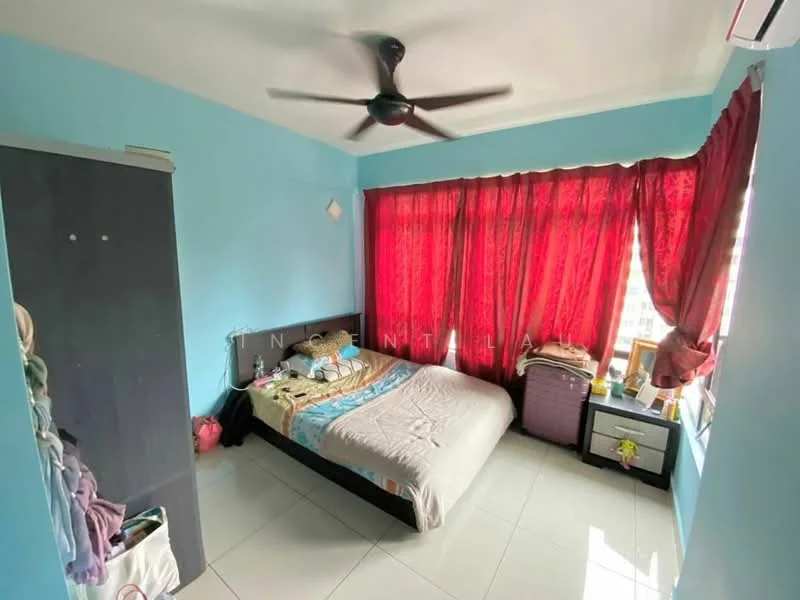 Bedroom features: blue painted walls, white ceiling, 5-blade ceiling fan, queen-size bed with bedding, nightstand with lamp, large window with red curtains, sliding mirror wardrobe, tile flooring, decorative wall art, storage basket.