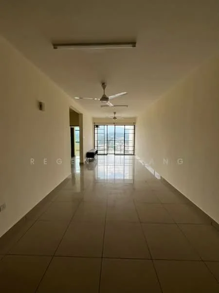 Room features: white painted walls, polished ceramic tile flooring, 2 ceiling fans, large floor-to-ceiling windows, natural light, open layout, neutral color scheme, view of the city skyline; style: modern; view: city.