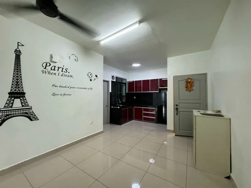 Kitchen features: white painted walls, grey tiled flooring, red cabinetry, black countertop, stainless-steel fridge, built-in oven, sink, wall-mounted fan, decorative wall art, open layout; style: modern. Living features: white painted walls, grey tiled flooring, decorative wall art with Eiffel Tower, light fixture, open layout; style: modern.