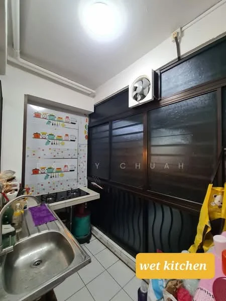Kitchen features: single-bowl stainless-steel sink, chrome faucet, gas stove with multiple burners, white tiled backsplash, white tiled flooring, wall-mounted exhaust fan, large window with black framing, countertop space, storage cabinets, colorful wall decals.