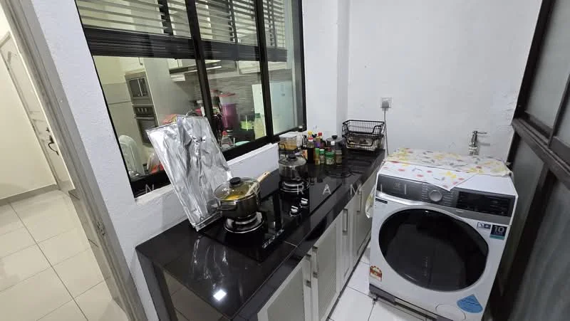 Laundry features: black granite countertop, single-bowl stainless-steel sink, built-in cabinets with grey finish, front-load washing machine, window with black frames, tile flooring, kitchen appliances on countertop, various condiments and cooking items on countertop; style: modern.