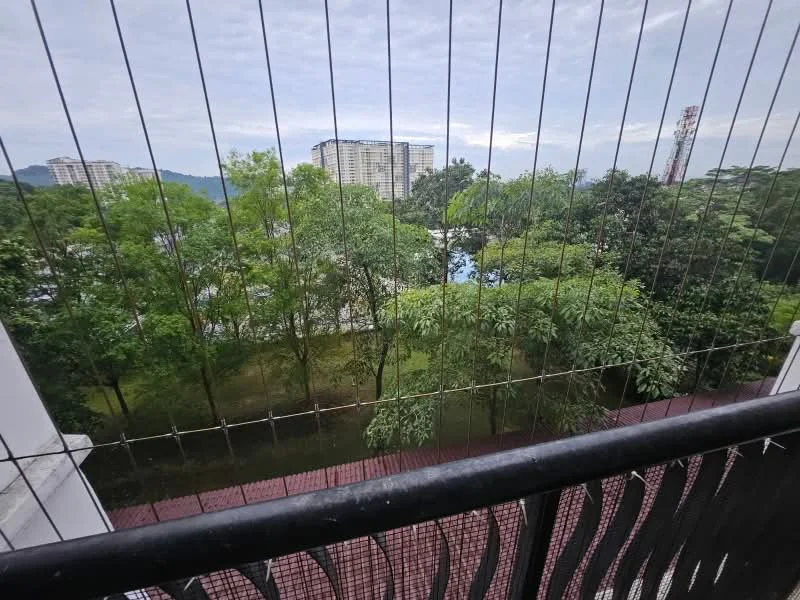Room features: balcony with railing, view of greenery, view of nearby buildings, paved flooring, surrounding trees; view: garden.