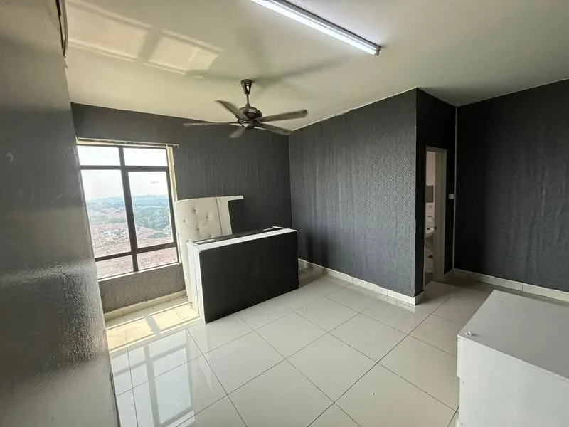 Room features: white walls, dark grey accent wall, glossy white tile flooring, ceiling fan, large window with city view, built-in desk, upholstered headboard, doorway leading to bathroom; style: modern; view: city.