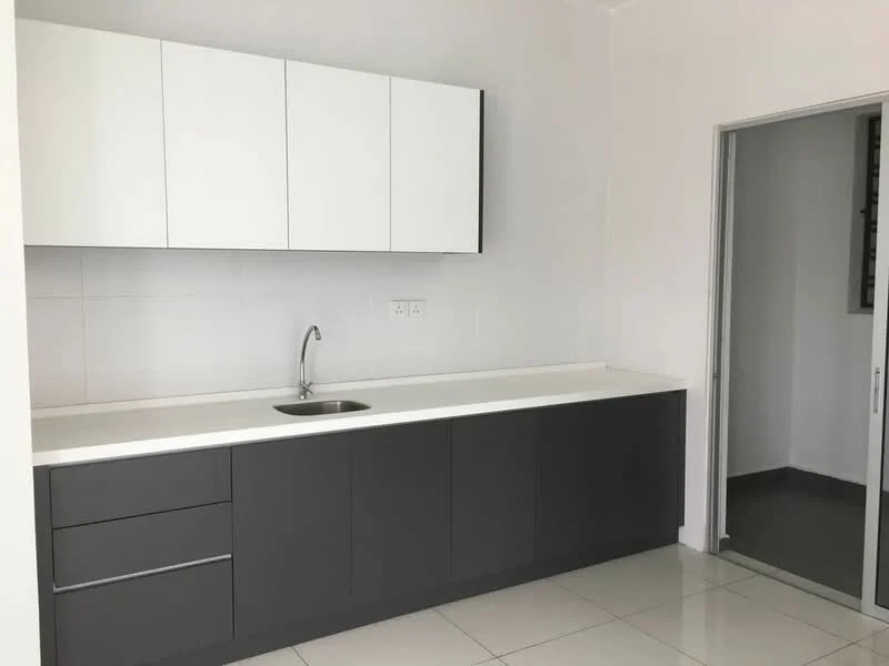 Kitchen features: white upper cabinets, grey lower cabinets, single-bowl stainless-steel sink, chrome pull-down faucet, white countertop, ceramic tile flooring, white tiled backsplash, wall-mounted electrical outlets, open layout, neutral wall colour; style: modern.