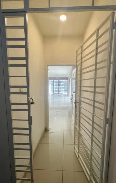 Room features: white painted walls, glossy tile flooring, metal security gate, recessed ceiling lights, open corridor, door frames, natural light from windows, neutral color scheme; style: modern.