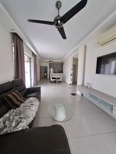 Living features: 3-seater leather sofa in dark brown, decorative throw pillows, glass coffee table, ceiling fan with light, wall-mounted TV, TV console in light wood, large windows with sheer curtains, tile flooring in light color, air conditioning unit on wall, open layout to dining area; style: modern. Dining features: 4-seater dining table in white, dining chairs in white, open layout to living area, tile flooring in light color; style: modern.