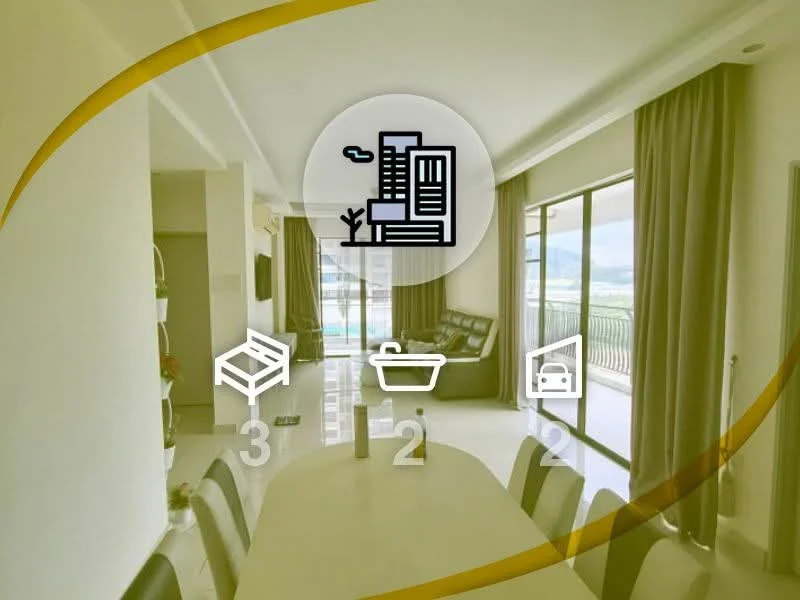 Living features: white painted walls, glossy tile flooring, floor-to-ceiling windows, sliding glass door, curtains, dining table with chairs, wall-mounted TV, built-in shelving unit, decorative plants; style: modern; view: city.