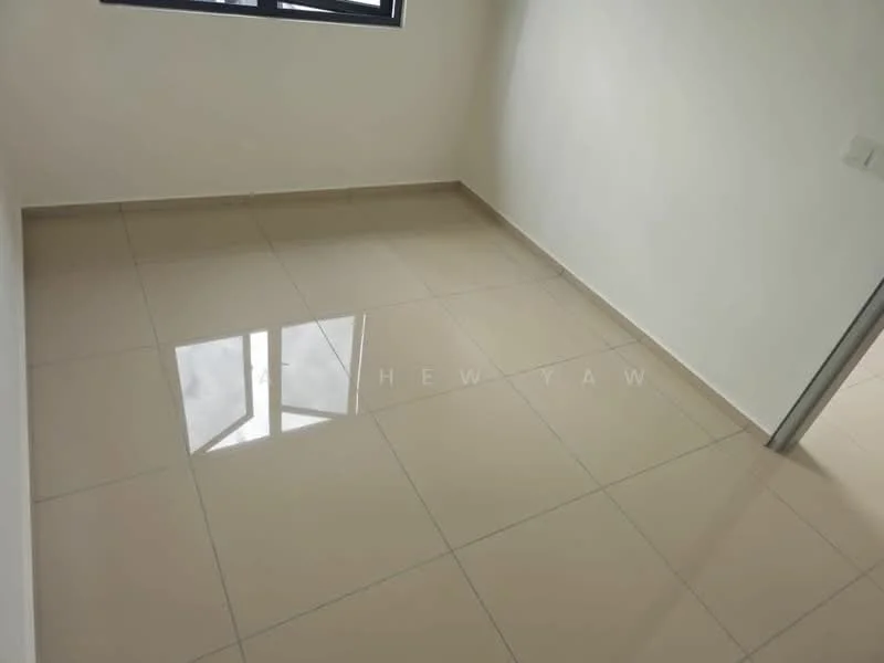 Room features: white painted walls, glossy beige tile flooring, large window, natural light, corner room, neutral color scheme; style: modern.