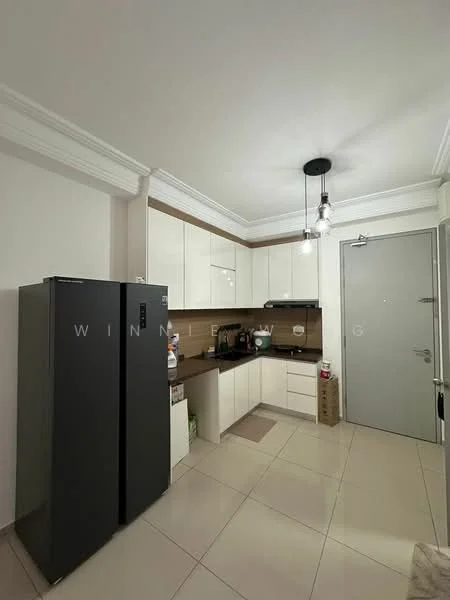 Kitchen features: dark grey fridge, white cabinetry with flat-panel doors, brown backsplash, ceramic tile flooring, single-bowl stainless-steel sink, chrome pull-down faucet, built-in oven, 4-burner gas hob, pendant light fixture, countertop with space for appliances, wall-mounted cabinets, open shelving, door to exterior, recessed lighting; style: modern.