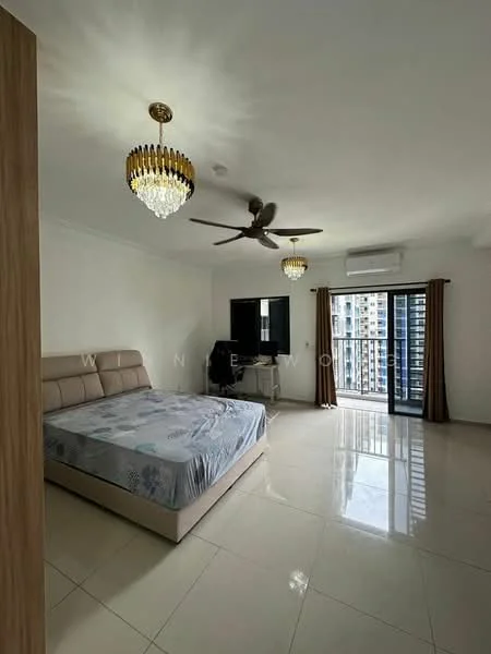 Bedroom features: king-size bed, upholstered headboard, 2 bedside lamps, ceiling fan with light, chandelier, floor-to-ceiling windows, sliding glass door, curtains, wall-mounted TV, air conditioning unit, glossy tile flooring, neutral wall color; style: modern; view: city.