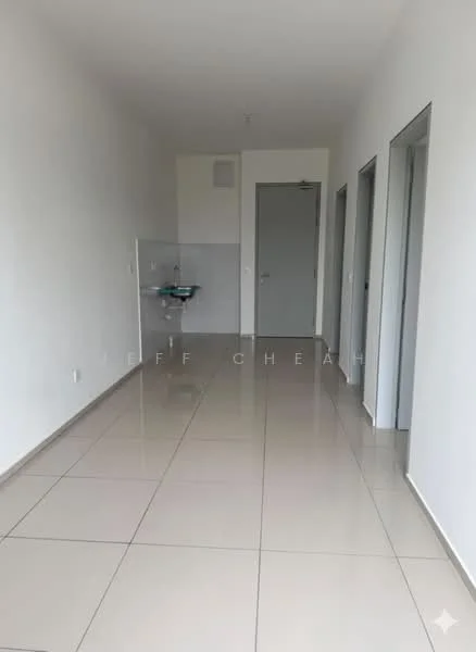Room features: white painted walls, glossy ceramic tile flooring, recessed ceiling lights, single wall-mounted sink, three doorways leading to other rooms, neutral color scheme, open layout, no visible furniture or decor; style: modern.