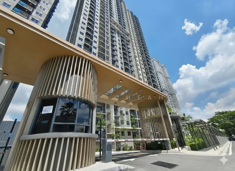 Exterior type: high-rise condominium; features: modern facade with wooden slats, glass curtain wall, security gate with intercom panel, landscaped entrance, surrounded by greenery, driveway with interlocking pavers, double-volume main lobby, guard house at entrance; style: modern.