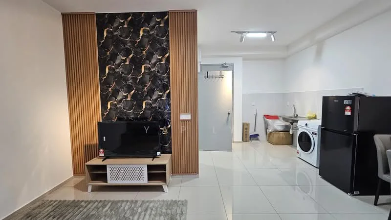 Living features: black marble accent wall, wood paneling, white TV console, wall-mounted TV, area rug with geometric pattern, large windows, recessed ceiling lights, glossy white tile flooring; style: modern. Kitchen features: stainless-steel fridge, front-load washing machine, white cabinetry, countertop space, sink, kitchen appliances visible; style: modern.