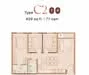 Floor plan: 2-bedroom 2-bathroom unit; features: open-plan kitchen-dining-living, master bedroom with ensuite bathroom, balcony off living room, utility room, laundry area, central foyer.