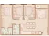 Floor plan: 2-bedroom 1-bathroom unit; features: open-plan kitchen-dining-living, master bedroom with ensuite bathroom, bedroom 2 with shared bathroom, utility room, balcony off living room, central foyer.