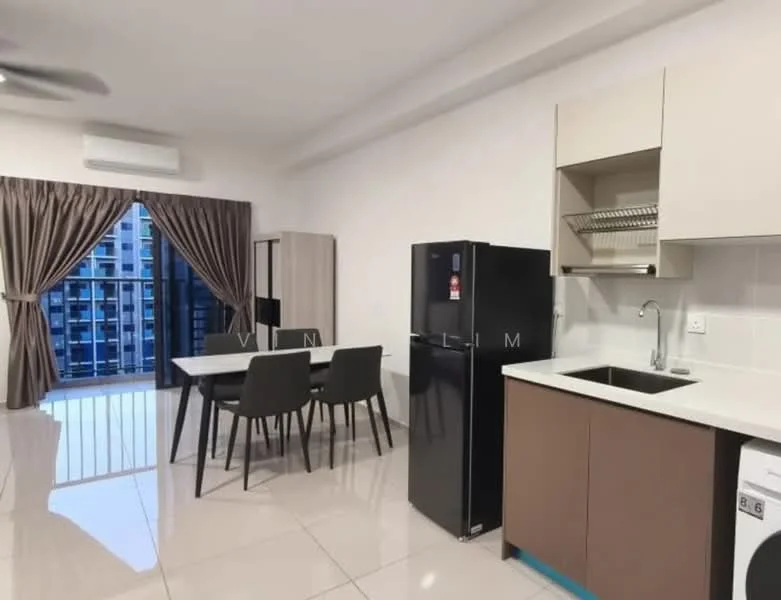 Kitchen features: white cabinets, black refrigerator, stainless-steel sink, chrome pull-down faucet, white countertop, built-in kitchen cabinet, open shelving, ceramic tile flooring, recessed downlights, floor-to-ceiling windows with sheer curtains, dining table with four chairs; style: modern; view: city.