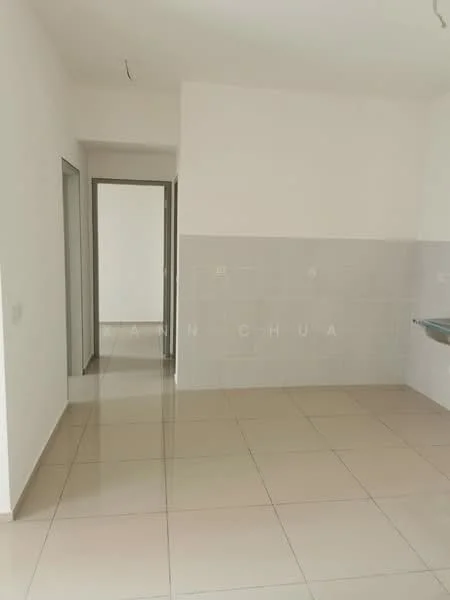 Room features: white painted walls, glossy beige floor tiles, grey tiled backsplash, single window, doorway leading to another room, doorway leading to hallway, ceiling lights, no visible appliances or furniture; style: minimalist.