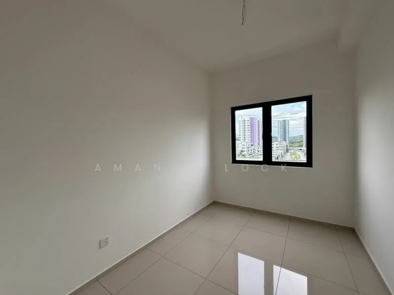 Room features: white painted walls, glossy ceramic tile flooring, large window with black frame, city view visible through window, no visible ceiling fixtures, empty room; style: modern; view: city.