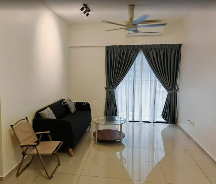 Living features: black fabric sofa, glass coffee table with wooden base, two folding chairs, floor-to-ceiling windows, sheer curtains, grey blackout curtains, recessed downlights, polished ceramic tile flooring, ceiling fan; style: modern.