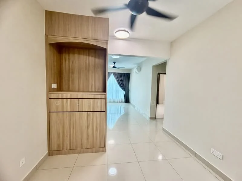 Room features: light-colored walls, glossy tile flooring, built-in wooden cabinetry, ceiling fan, recessed ceiling light, large window with sheer curtains, air conditioning unit, neutral color palette; style: modern.