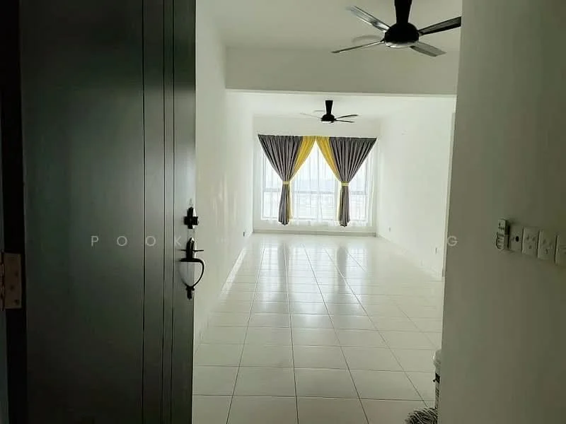 Living features: white painted walls, glossy white tile flooring, 2 ceiling fans, floor-to-ceiling windows, sheer curtains, blackout curtains, natural light, open layout; style: modern; view: city.